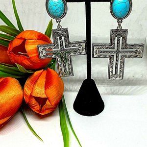 Turquoise Cross Silver Earrings Western Post Long Southwest Christmas gift new